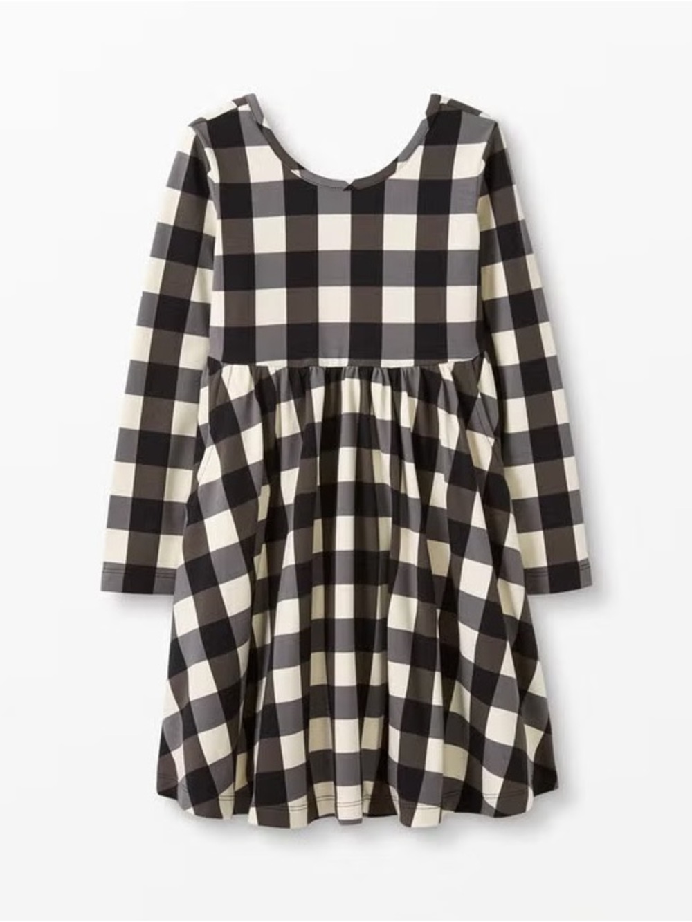 Hanna Andersson Black and Cream Plaid Long-Sleeve Skater Dress size 6-7 120